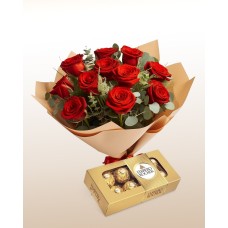 Tradition Combo: 12 Roses Bouquet + Ferrero Rocher Chocolates Box