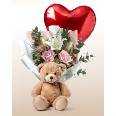 Delicate Roses Bouquet + Teddy bear + Balloon Combo