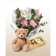 Delicate Roses Bouquet + Teddy bear + Chocolartes Combo