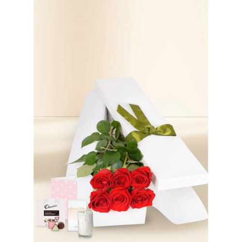 6 Red Rose Stems for Valentine's Day with Chocs, Candle & Card