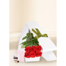 6 Red Rose Stems for Valentine's Day with Chocs & Card