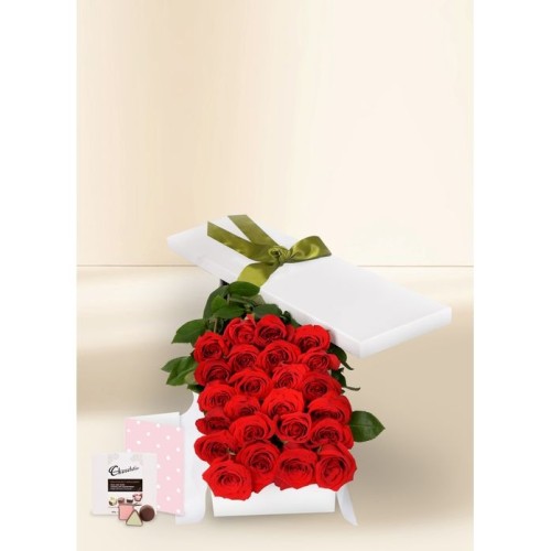24 Red Rose Stems for Valentine's Day with Chocs & Card