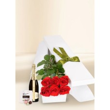 6 Red Rose Stems for Valentine's Day with Chocs & Chandon
