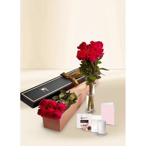 Roses Red - 6 Stems for Valentine's Day With Chocs & Candle