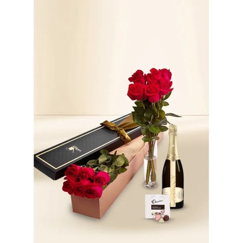 Roses Red - 6 Stems for Valentine's Day With Chocs & Chandon
