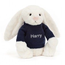 Bashful Cream Bunny with Navy Personalised Jumper H31 X W12 CM