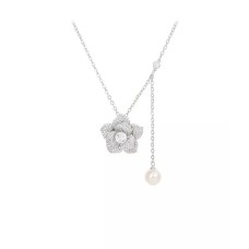 Fashion Elegant Flower Tassel Imitation Pearl Pendant with Cubic Zirconia and Necklace