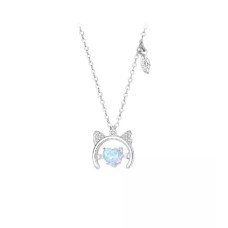 925 Sterling Silver Simple and Cute Cat Heart Pendant with Cubic Zirconia and Necklace