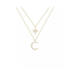 925 Sterling Silver Plated Gold Fashion Simple Star and Moon Pendant with Cubic Zirconia and Double Necklace