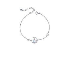 925 Sterling Silver Simple and Cute Star Moon Cat Moonstone Bracelet with Cubic Zirconia