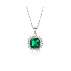 925 Sterling Silver Elegant Lace Geometric Square Pendant with Green Cubic Zirconia and Necklace
