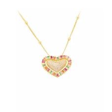 Brilliant Fashion Plated Gold Colorful Lace Heart Pendant with Cubic Zirconia and Necklace