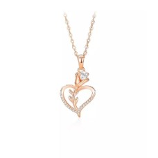 925 Sterling Silver Plated Rose Gold Fashion Romantic Rose Heart Pendant with Cubic Zirconia and Necklace