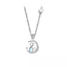 925 Sterling Silver Simple and Cute Star Moon Cat Moonstone Pendant with Cubic Zirconia and Necklace