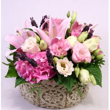 Rustic Flower Bowl With Pink Lilies