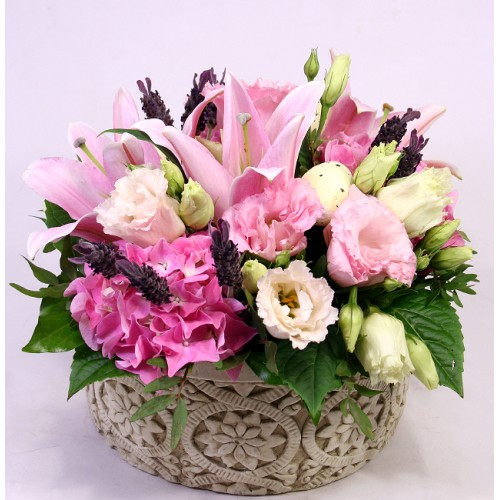 Rustic Flower Bowl With Pink Lilies