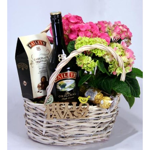Gift basket with hydrangea and Bailey's
