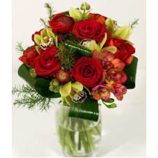 Ball bouquet with red roses and orchids