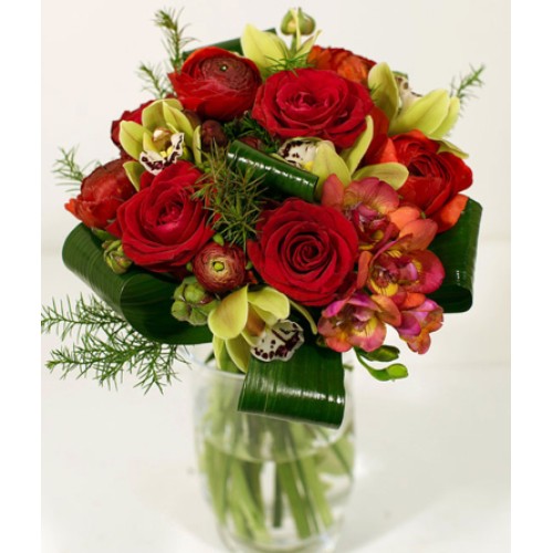 Ball bouquet with red roses and orchids