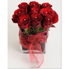 Red rose with sparkling crystals in a glass cube