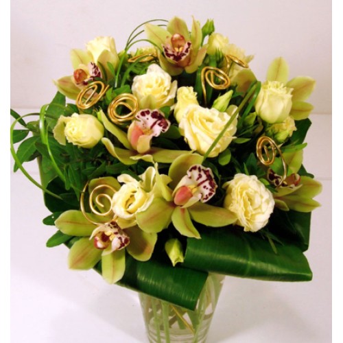 Green and gold - gift bouquet with orchids and lisianthus