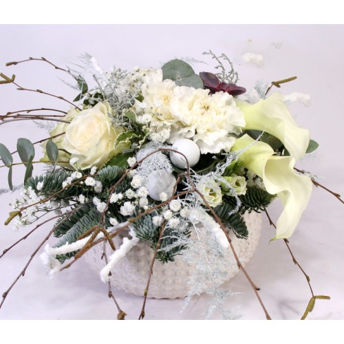 Snow White! - winter flower bowl with roses and calla lilies