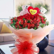 Bears With 12 Red Roses And  Astromelia Handbouquet