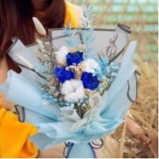 3 Preserved Blue Roses & 3 Cotton Flowers Hand Bouquet