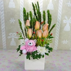 6 Champagne Roses With Bear Table Arrangement