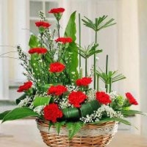 12 Red Carnation Flowers Table Arrangement.