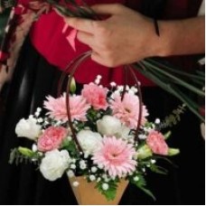 3 Carnation 3 Gerbera & White Eustoma Flowers in Paper Bag Flower Box with Handle