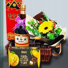 Gerbera with Yomeishu Health Tonic & chocolates Gift Basket