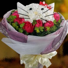 Kitty In Hot Pink Roses  Must Order 2 Days In Advance
