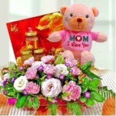 Pink Carnation with Birdâ€™s Nest and 16cm Love Bear
