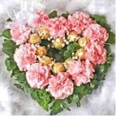 10 Pink Carnations & 10 Ferrero Rocher Heart-Shape Table Arrange