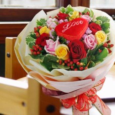 12 Mixed Roses Handbouquet with Heart-Shape pillow at Ctr