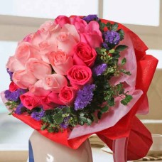 12 Peach And  18 Hot Pink Roses Hand Bouquet