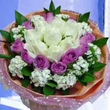 12 Purple And  8 White Roses Hand Bouquet