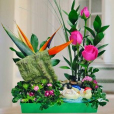 Hot Pink Roses And  Bird Of Paradise Flower Arrangement
