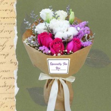 Cotton Flower And  3 Hot Pink Roses Small Hand Bouquet