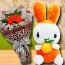 25 cm Bunny & Single Orange gerbera Bouquet
