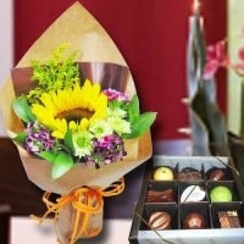 Small Sunflower Handbouquet and Chocolate.