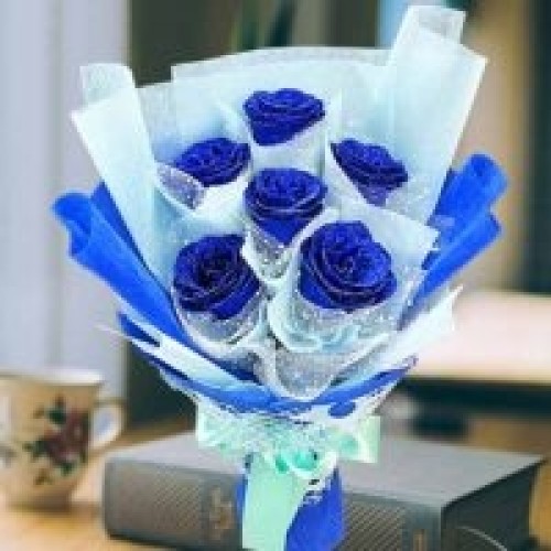 6 Artificial Shining Blue Roses Hand Bouquet Valentine's Day Delivery