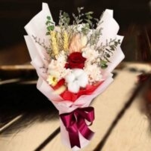 Preserved Red Roses, Hydrangeas & Assorted Dried Flowers Hand Bouquet