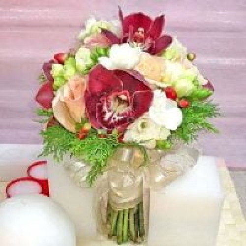 Red Cymbidium Orchid & Freesia Bouquet