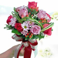 6 Hot Pink And  6 Yam Color Roses Bridal Bouquet