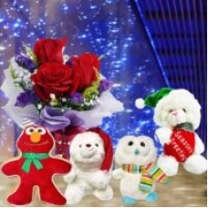 4 X'Mas Stuffed Toys With Roses Standing Bouquet