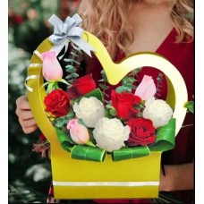 10 Mixed Roses Arrangement in Heart Shape Handle Flower Box