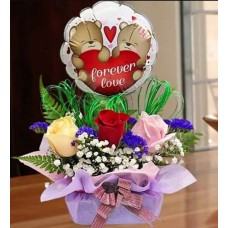 13cm "Forever Love Couple Bear" Balloon & 3 Mixed Roses Arrangement Valentine's Day Delivery