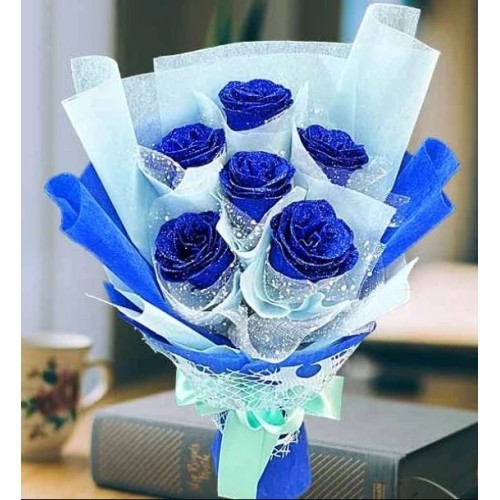 6 Shining Artificial Blue Roses Hand Bouquet